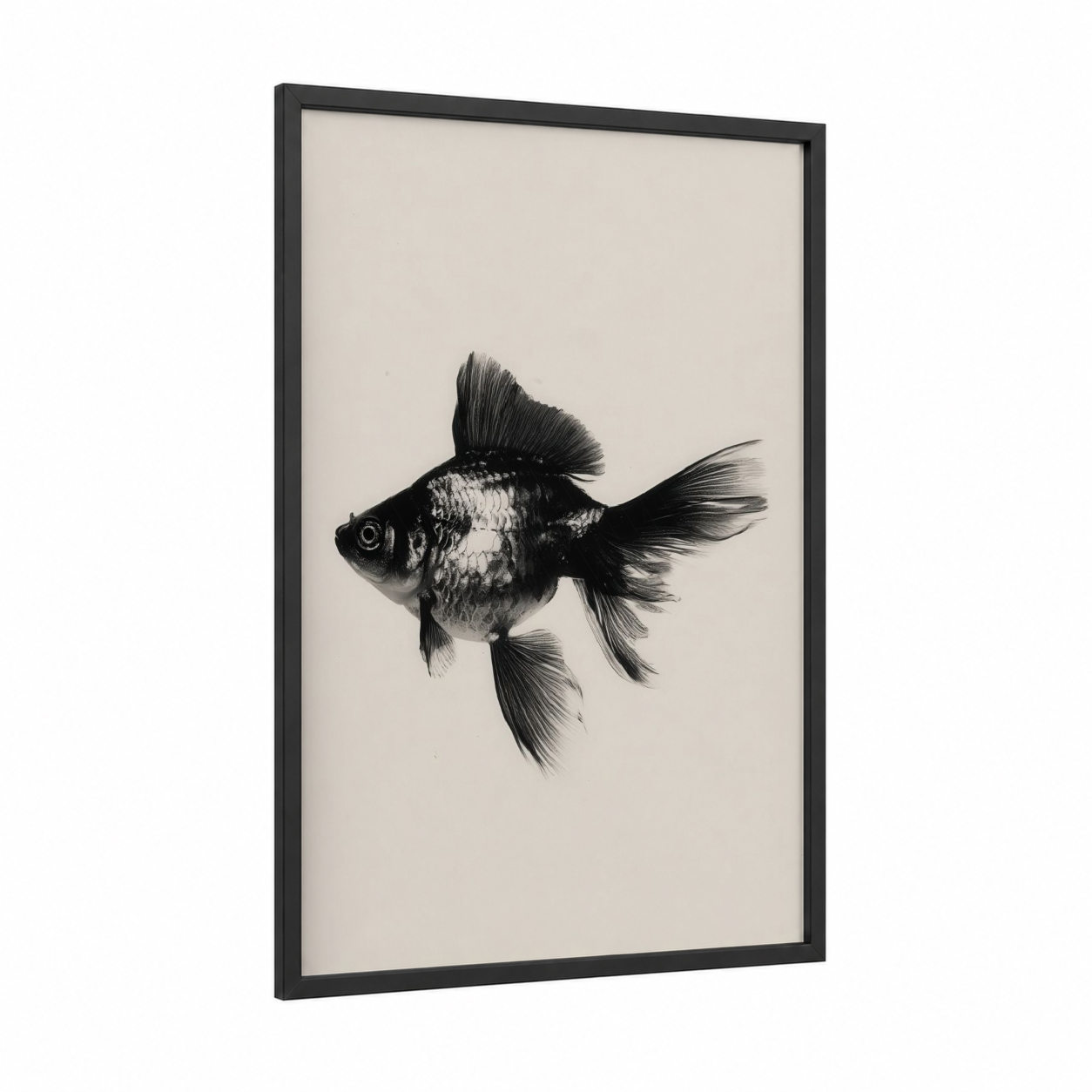 Flowing Goldfish framed art print — black wood frame — black and white and cream palette