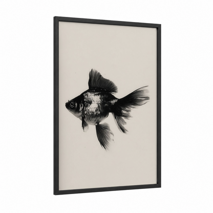 Flowing Goldfish framed art print — black wood frame — black and white and cream palette