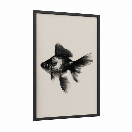 Flowing Goldfish framed art print — black wood frame — black and white and cream palette