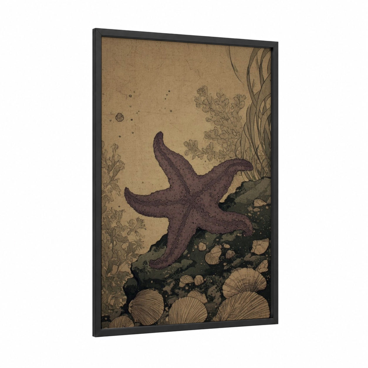 Purple Starfish framed art print — black wood frame — beige and maroon palette