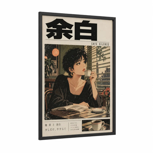 Vintage Japanese Cafe Reading Wall Art framed art print — black wood frame — beige and black palette