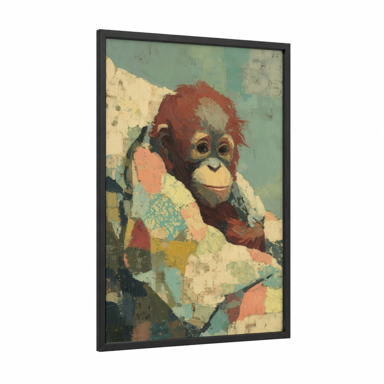 Playful Orangutan framed monkey print — black wood frame — cream and sage green palette