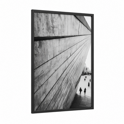 Concrete Perspective framed abstract architecture print — black wood frame — black and white and gray palette