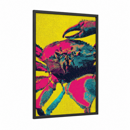 Neon Crab Pop framed art print — black wood frame — yellow and magenta palette