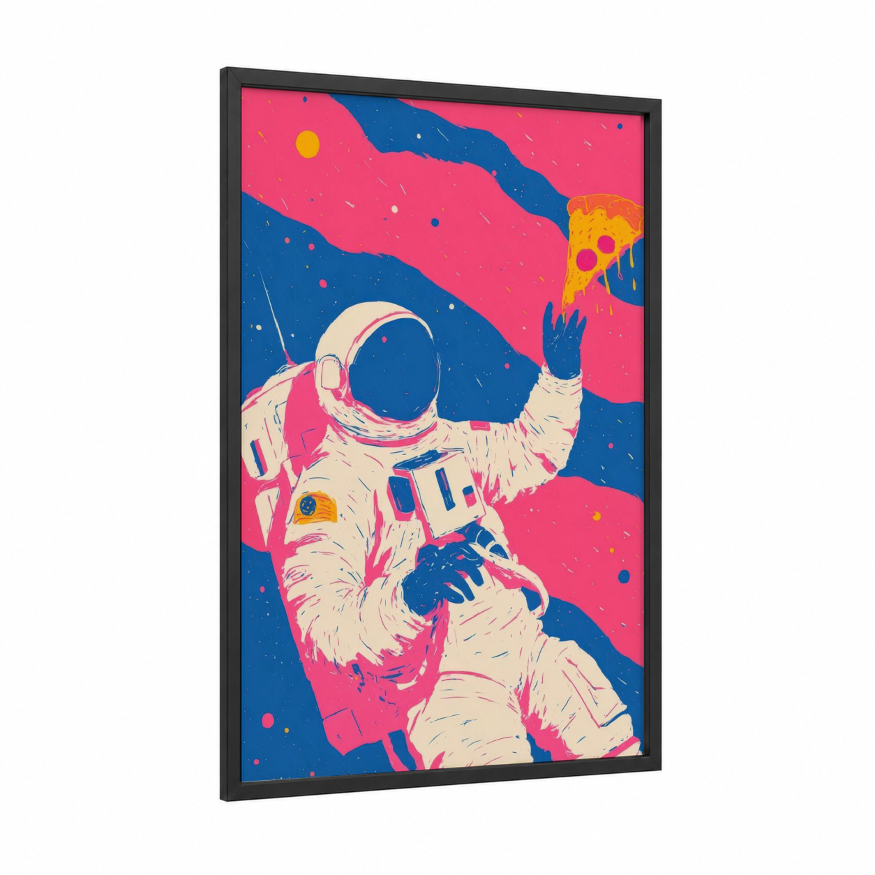 Pizza Astronaut framed art print — black wood frame — magenta and royal blue palette