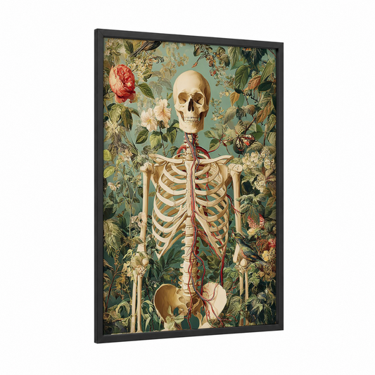 Botanical Skeleton framed skull print — black wood frame — sage green and cream palette