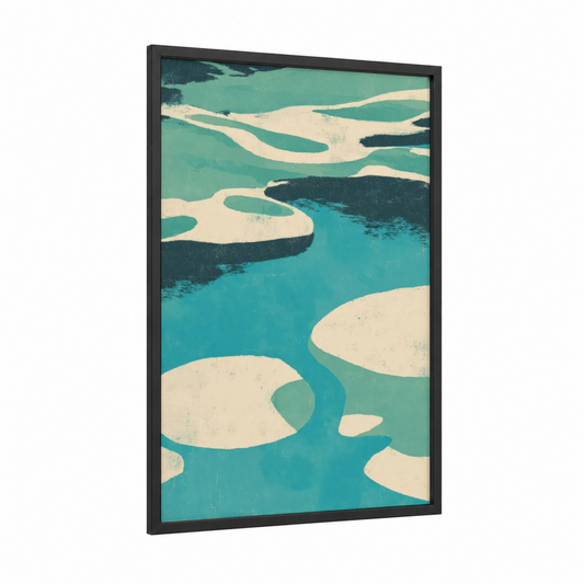 Coastal Golf Course framed art print — black wood frame — teal and cream palette