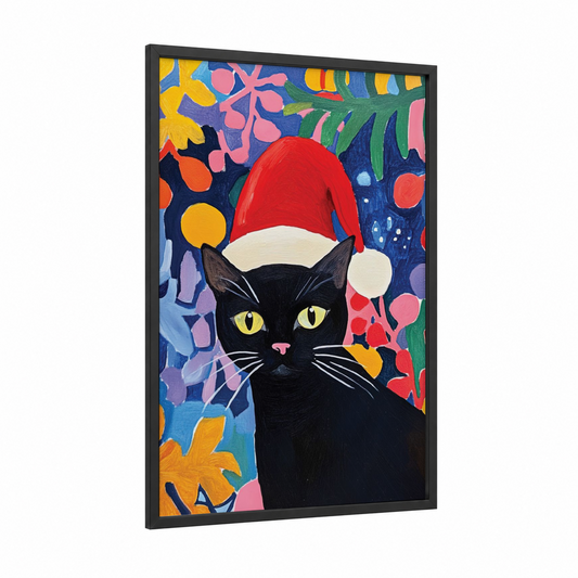 Festive Black Cat framed art print — black wood frame — red and blue palette