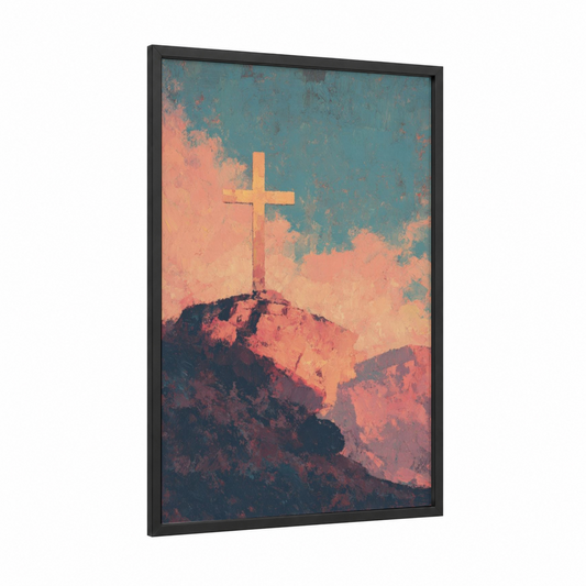 Hilltop Cross framed christian symbols print — black wood frame — peach and teal palette