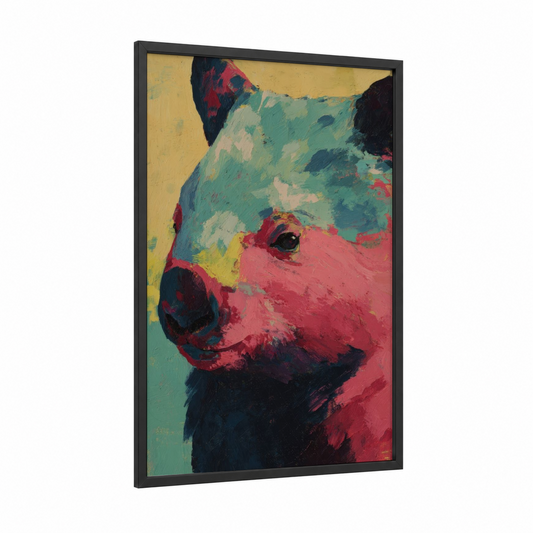 Colorful Wombat framed art print — black wood frame — turquoise and salmon pink palette
