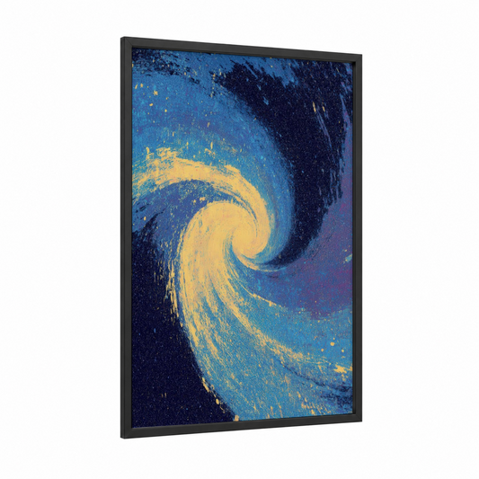Cosmic Spiral Galaxy framed art print — black wood frame — blue and gold palette