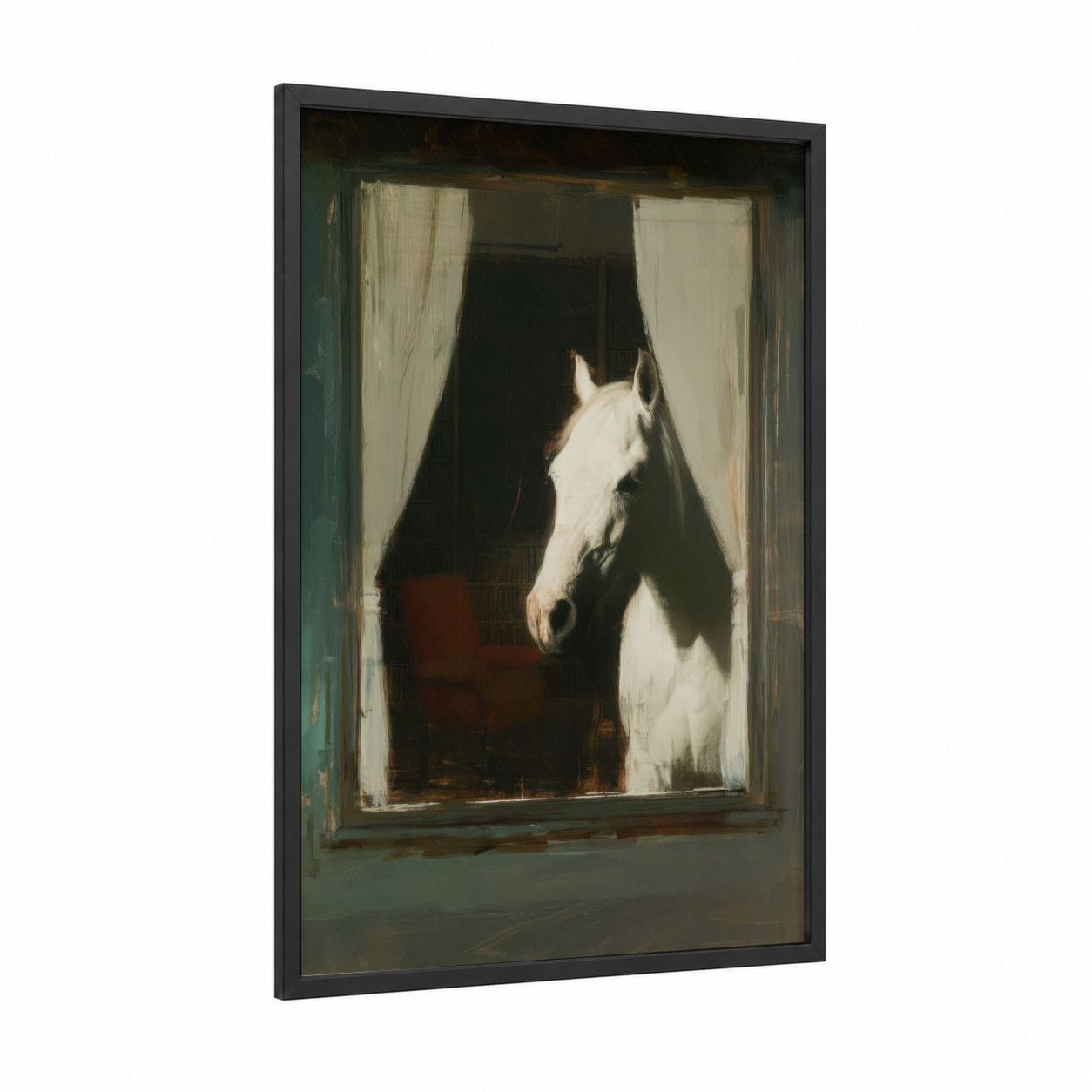 Stable Elegance framed arabian horse print — black wood frame — cream and dove gray palette