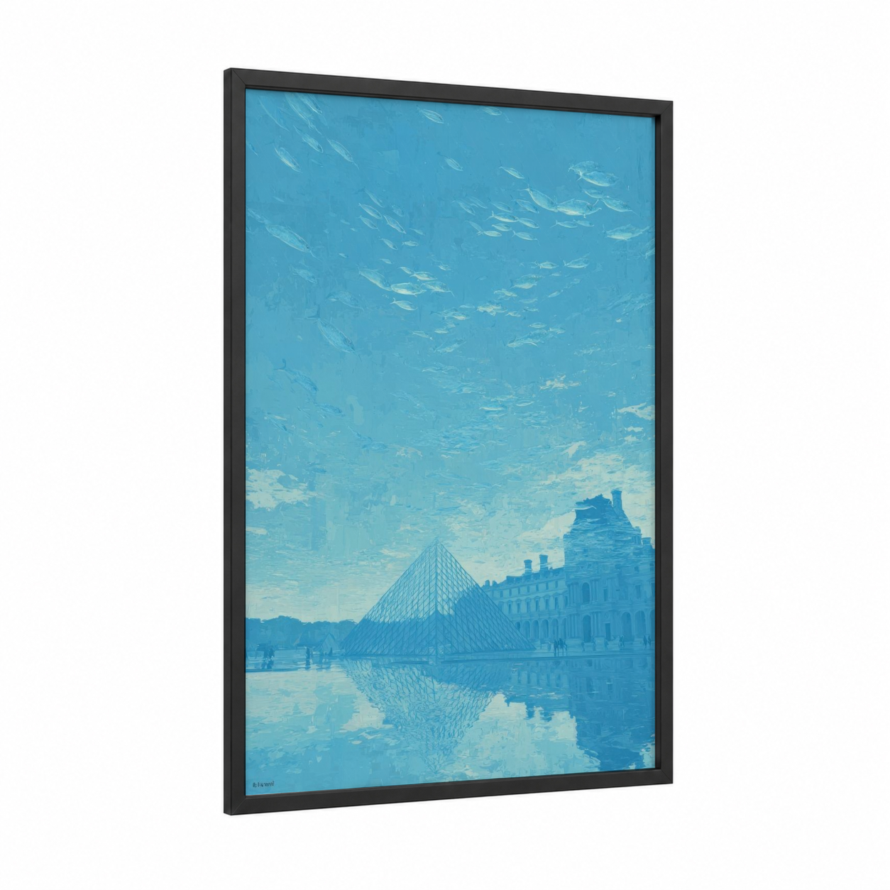 Blue Louvre Reflection framed pantheon print — black wood frame — blue and white palette