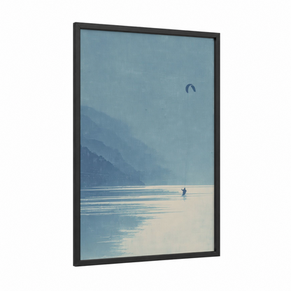 Alpine Kite Surfer framed kite surfing print — black wood frame — blue and white and sage green palette
