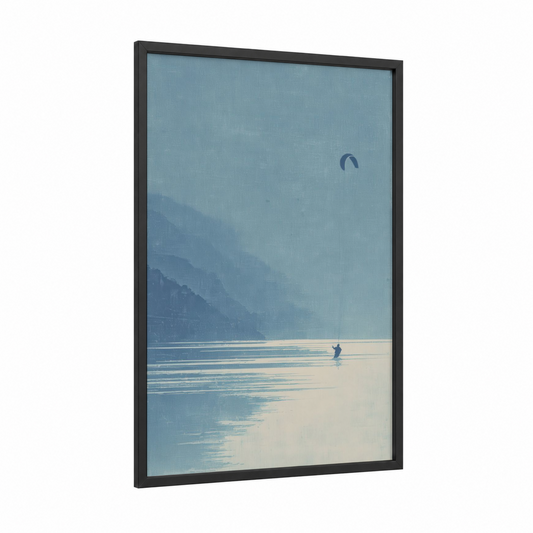 Alpine Kite Surfer framed kite surfing print — black wood frame — blue and white and sage green palette