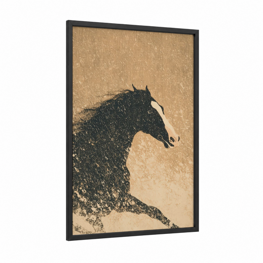 Stallion Portrait framed horse racing print — black wood frame — black and white and beige palette