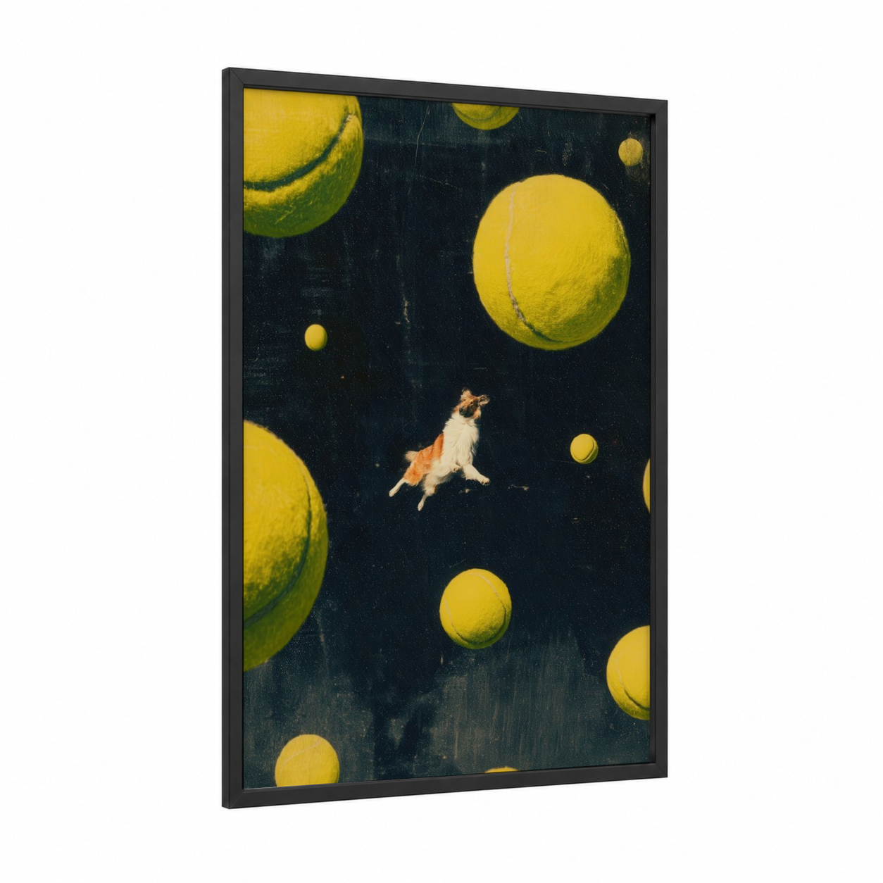 Cosmic Shepherd framed shepherd dogs and collies print — black wood frame — yellow and black palette
