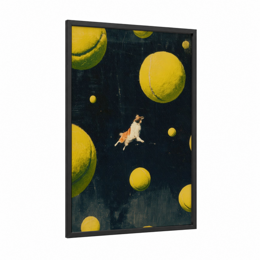 Cosmic Shepherd framed shepherd dogs and collies print — black wood frame — yellow and black palette