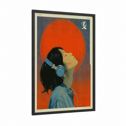 Dreaming Listener framed japanese y2k print — black wood frame — red and blue palette