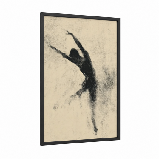 Graceful Leap framed gymnastics print — black wood frame — black and white and cream palette