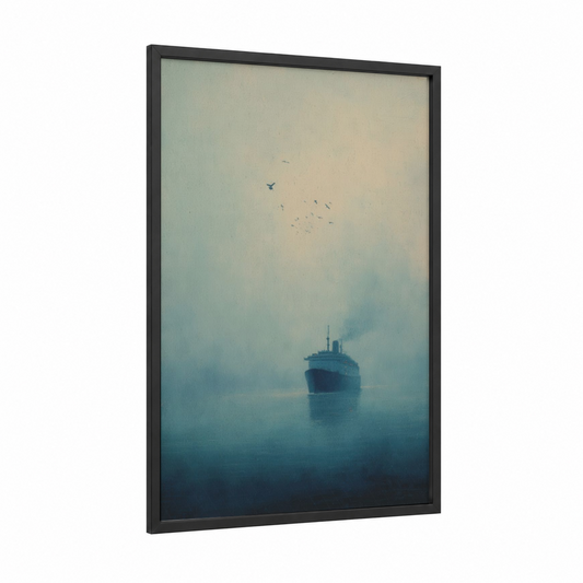 Misty Voyage framed cruise ship print — black wood frame — blue and gray and blue palette