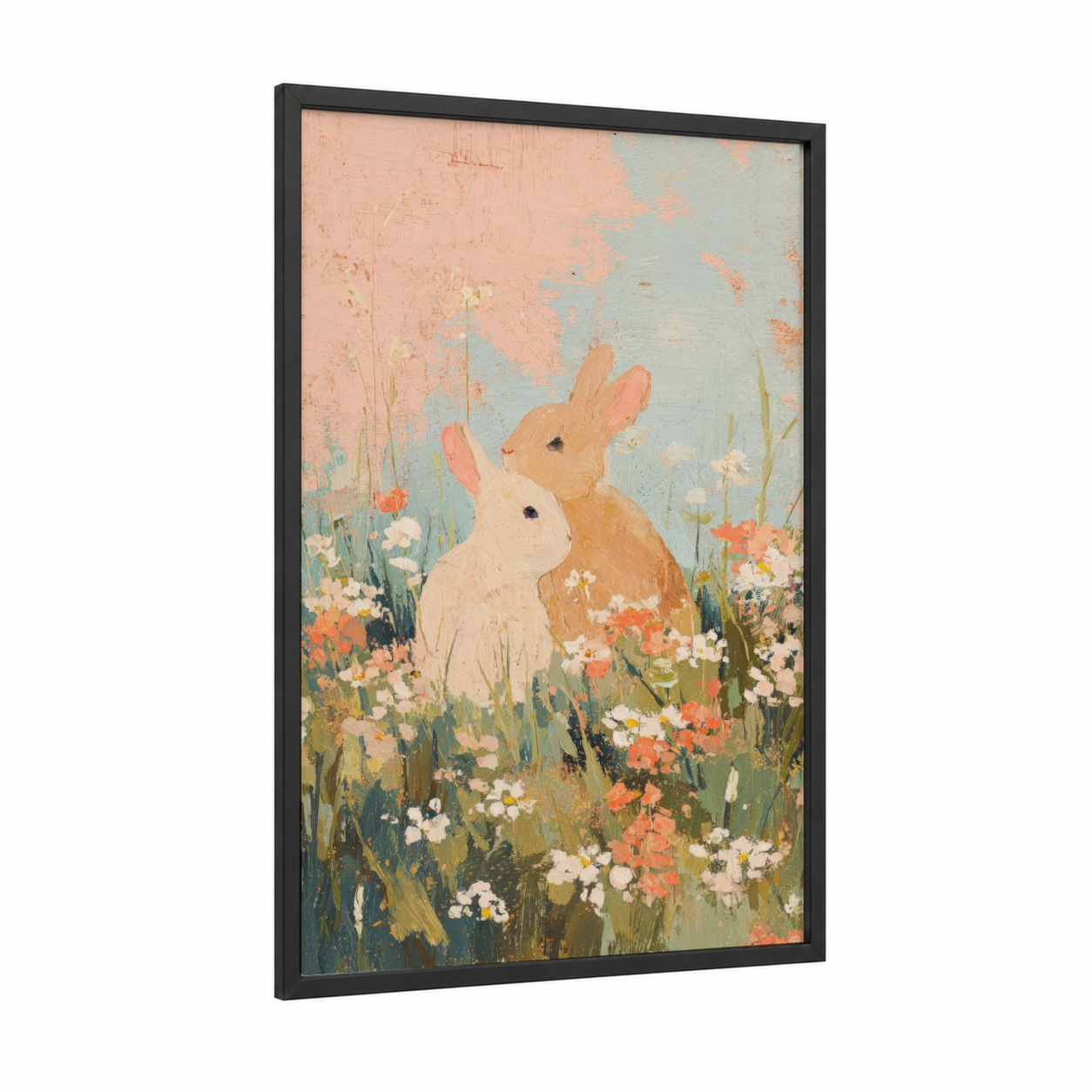 Meadow Romance framed animals in love print — black wood frame — peach and blue and white palette