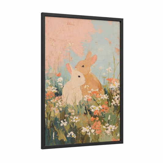 Meadow Romance framed animals in love print — black wood frame — peach and blue and white palette