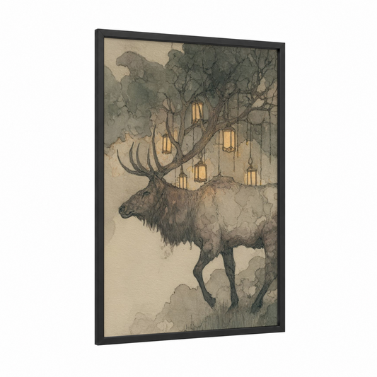 Lantern Elk framed art print — black wood frame — beige and dove gray palette
