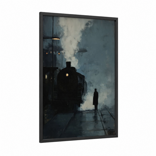 Midnight Train Station framed art print — black wood frame — gray and white and dark blue palette
