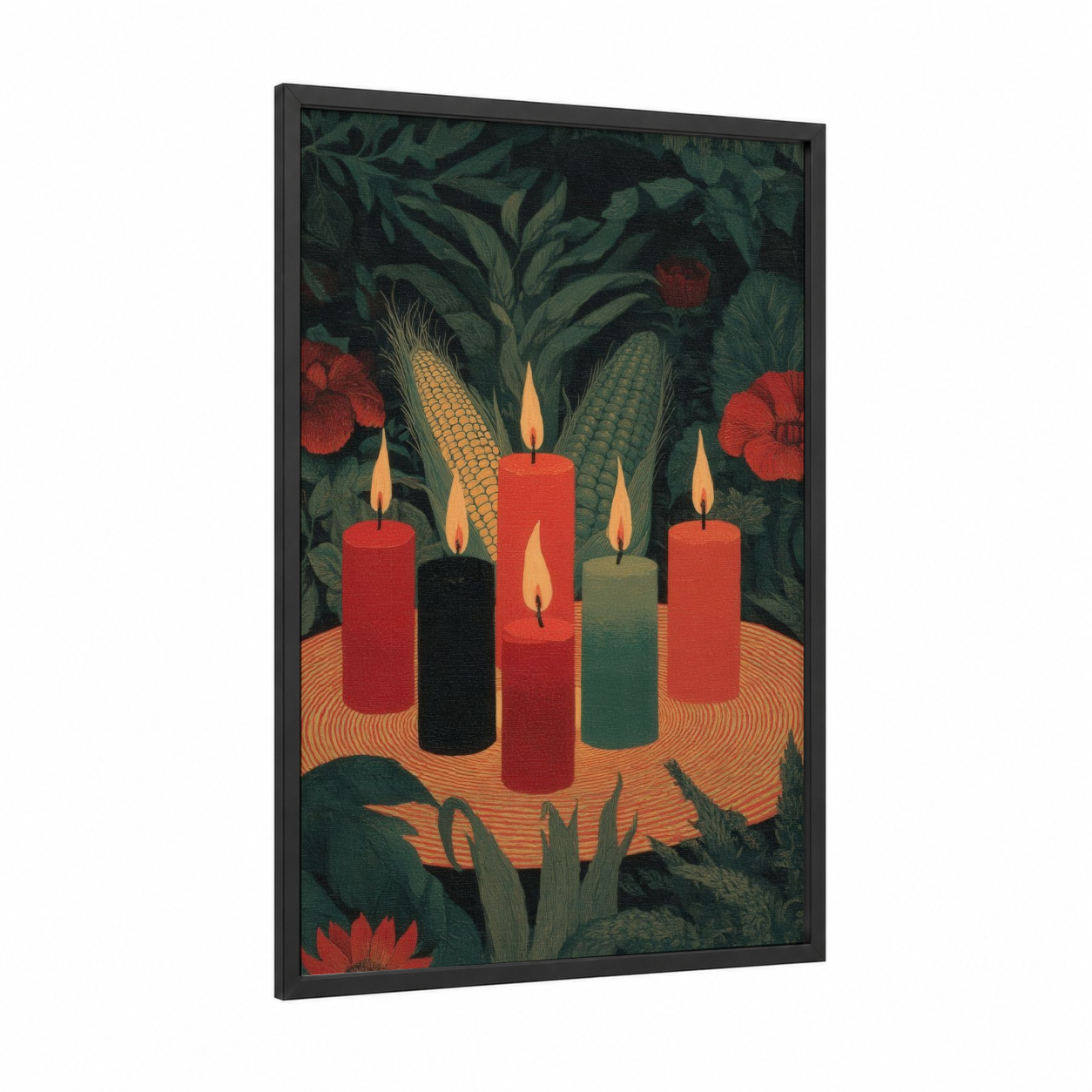 Kwanzaa Harvest framed art print — black wood frame — red and dark green palette