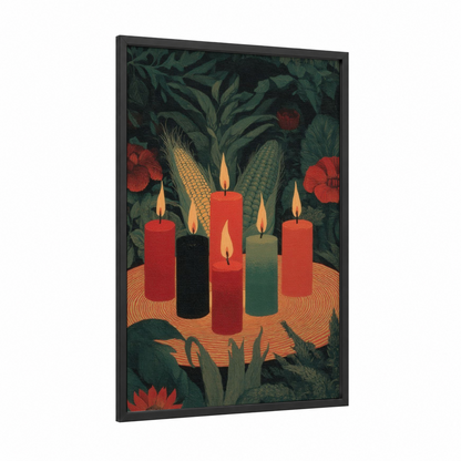 Kwanzaa Harvest framed art print — black wood frame — red and dark green palette
