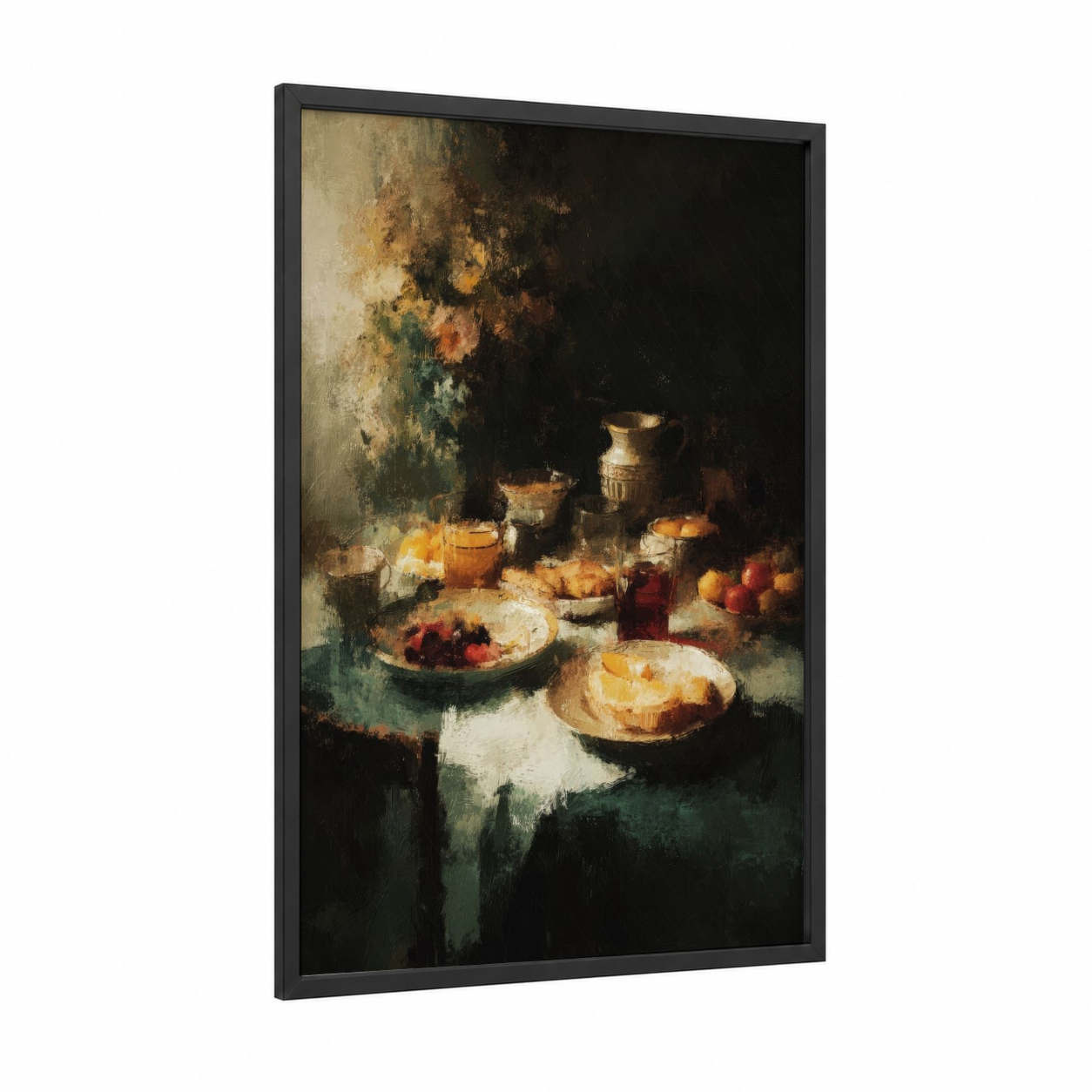 Golden Breakfast Still Life framed art print — black wood frame — gold and dark green palette
