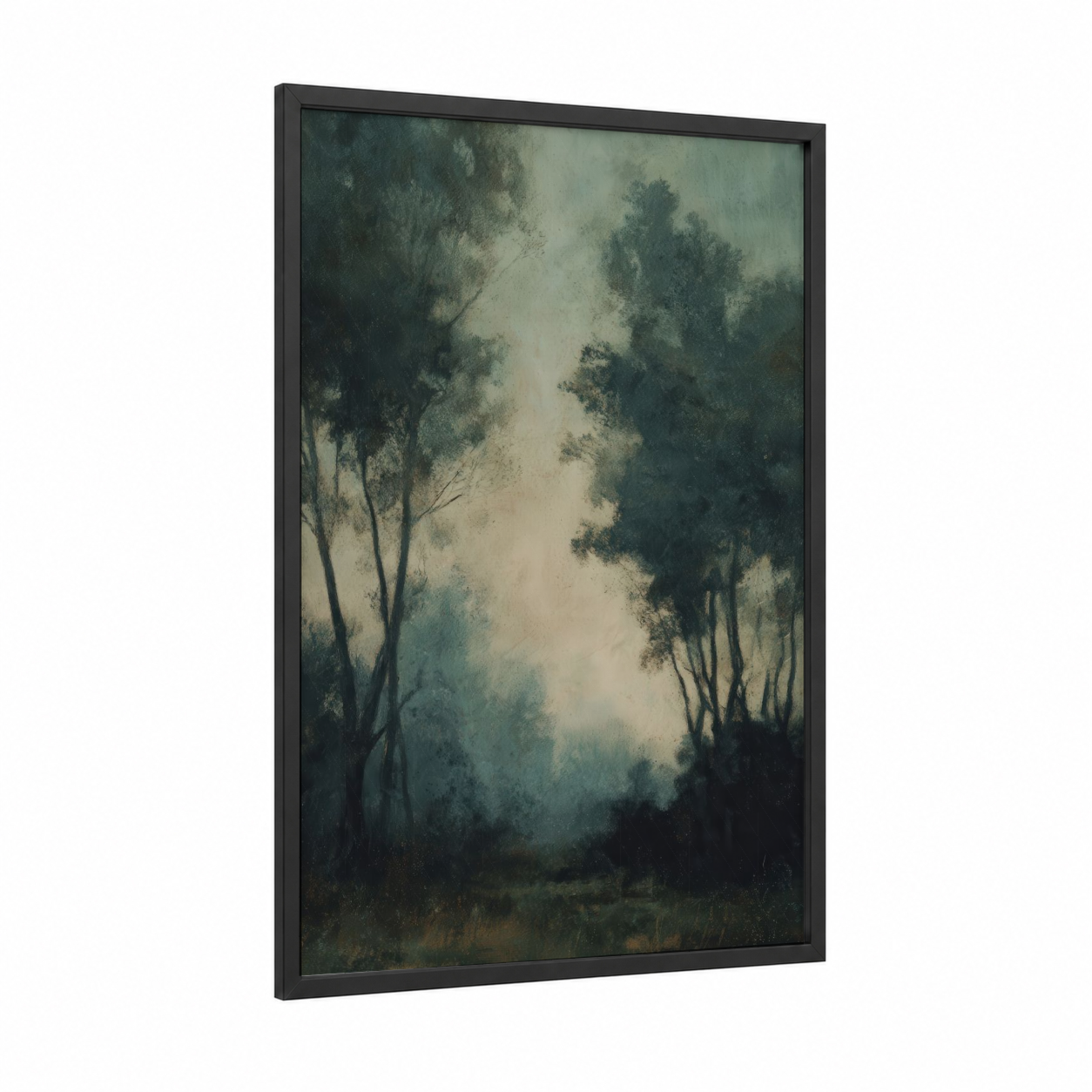 Misty Oak Forest framed art print — black wood frame — sage green and gray palette
