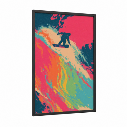Neon Snowboarder framed snowboarding print — black wood frame — magenta and turquoise palette