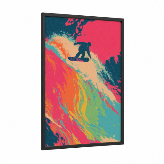 Neon Snowboarder framed snowboarding print — black wood frame — magenta and turquoise palette