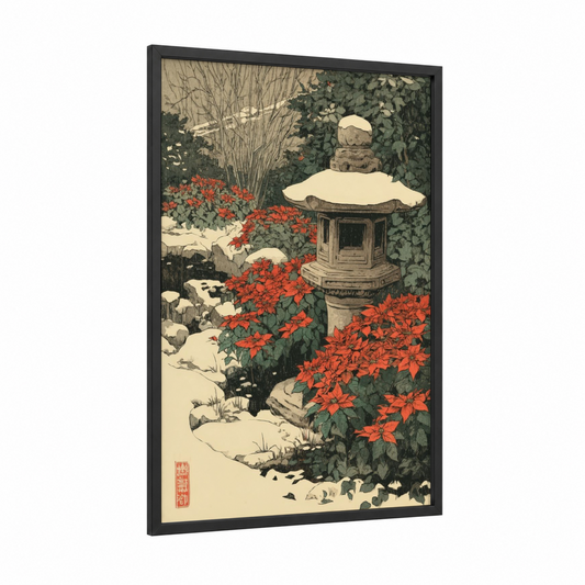 Winter Poinsettias framed art print — black wood frame — red and dark green palette