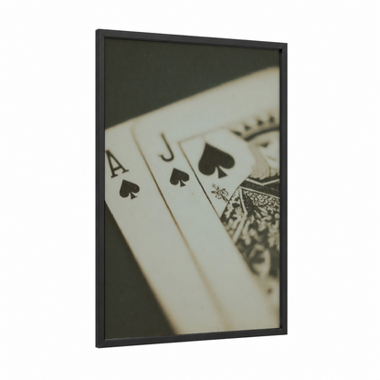 Royal Flush Spades framed card game print — black wood frame — black and white and cream palette