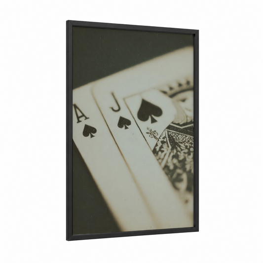 Royal Flush Spades framed card game print — black wood frame — black and white and cream palette