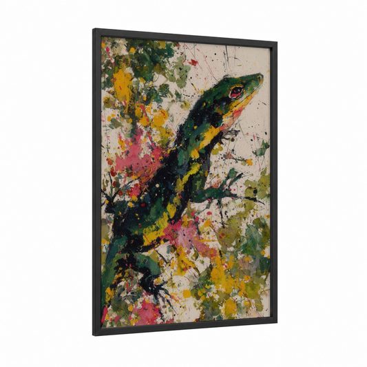 Colorful Lizard framed art print — black wood frame — green and yellow palette
