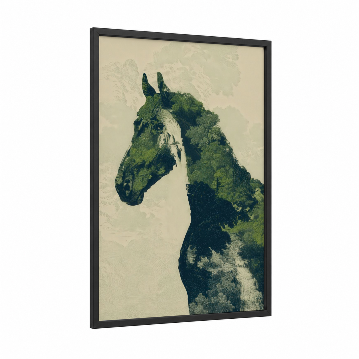 Forest Clydesdale framed clydesdale horse print — black wood frame — green and beige palette