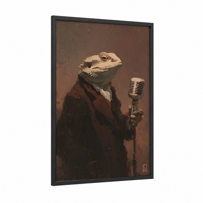 Vintage Lizard Singer framed art print — black wood frame — brown and maroon palette