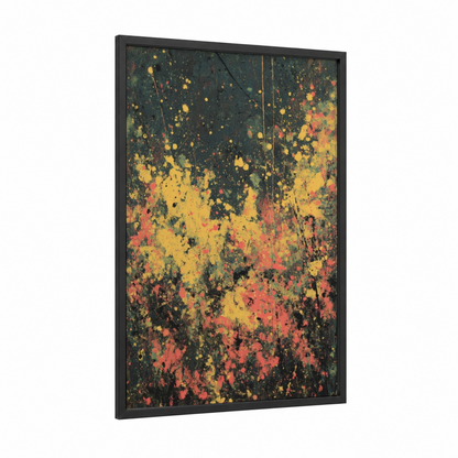Glowing Fireflies Night framed art print — black wood frame — yellow gold and dark green palette