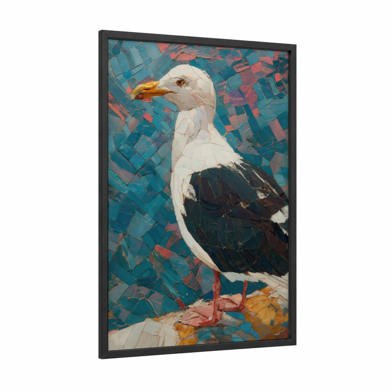 Coastal Seagull framed art print — black wood frame — teal and salmon pink palette