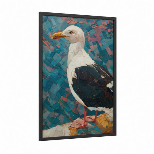 Coastal Seagull framed art print — black wood frame — teal and salmon pink palette