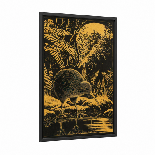 Nocturnal Kiwi framed art print — black wood frame — gold and black palette
