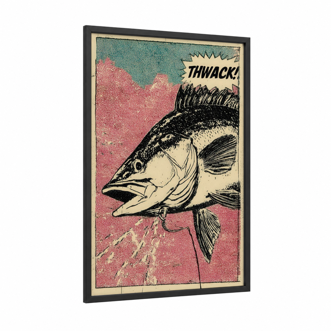 Snook Strike framed art print — black wood frame — salmon pink and teal palette