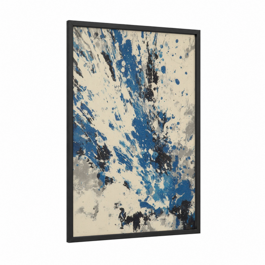 Splattered Tuna framed art print — black wood frame — blue and cream palette
