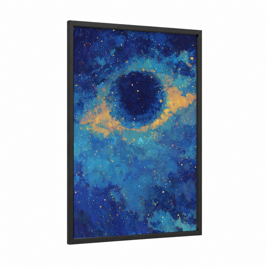 Cosmic Eye Nebula framed art print — black wood frame — blue and gold palette