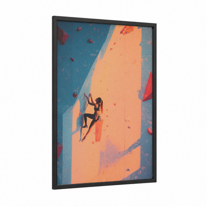 Sunlit Climber framed rock climbing print — black wood frame — blue and orange palette