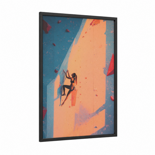 Sunlit Climber framed rock climbing print — black wood frame — blue and orange palette